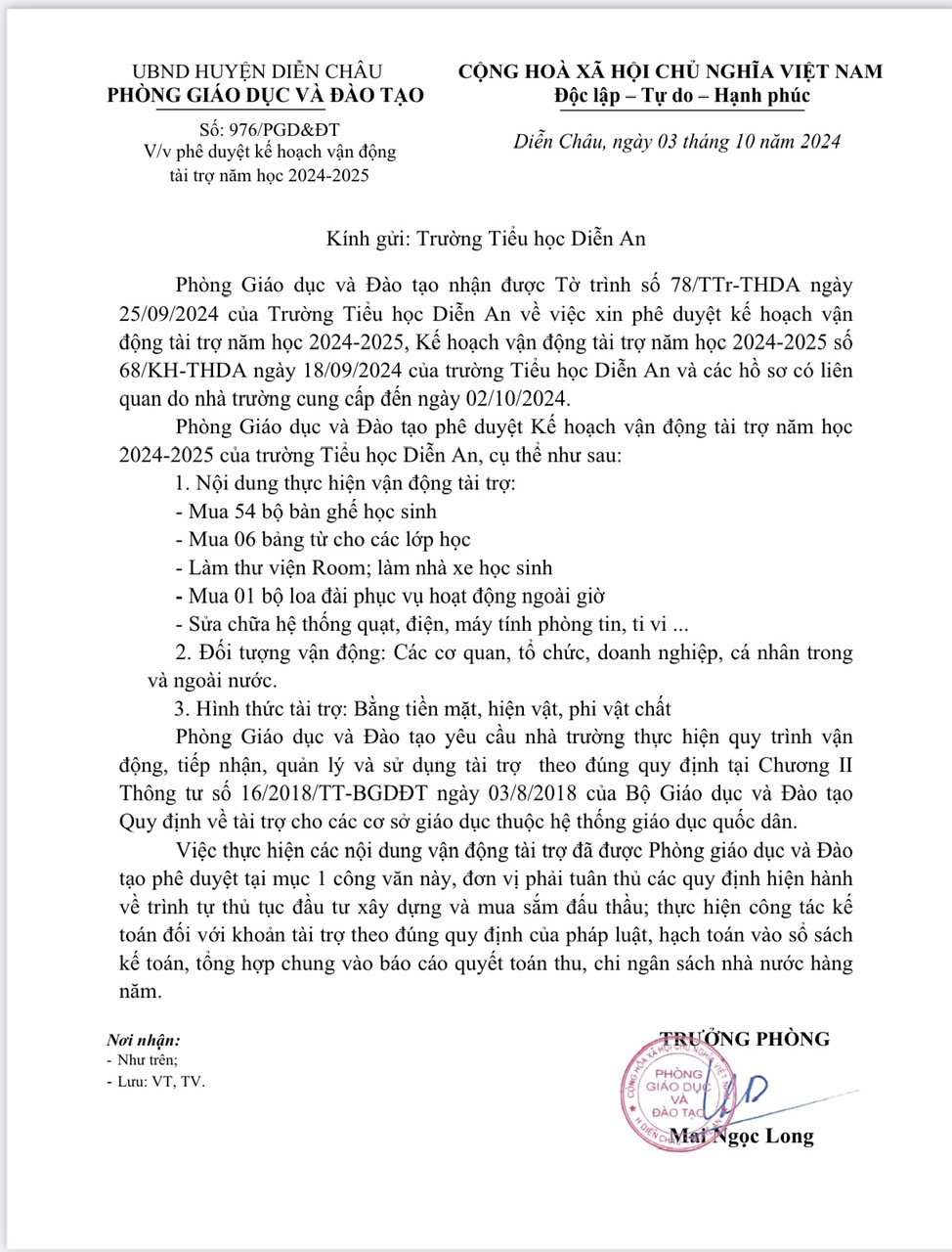 Phê duyệt kế hoạch vận động tài trợ năm học 2024-2025