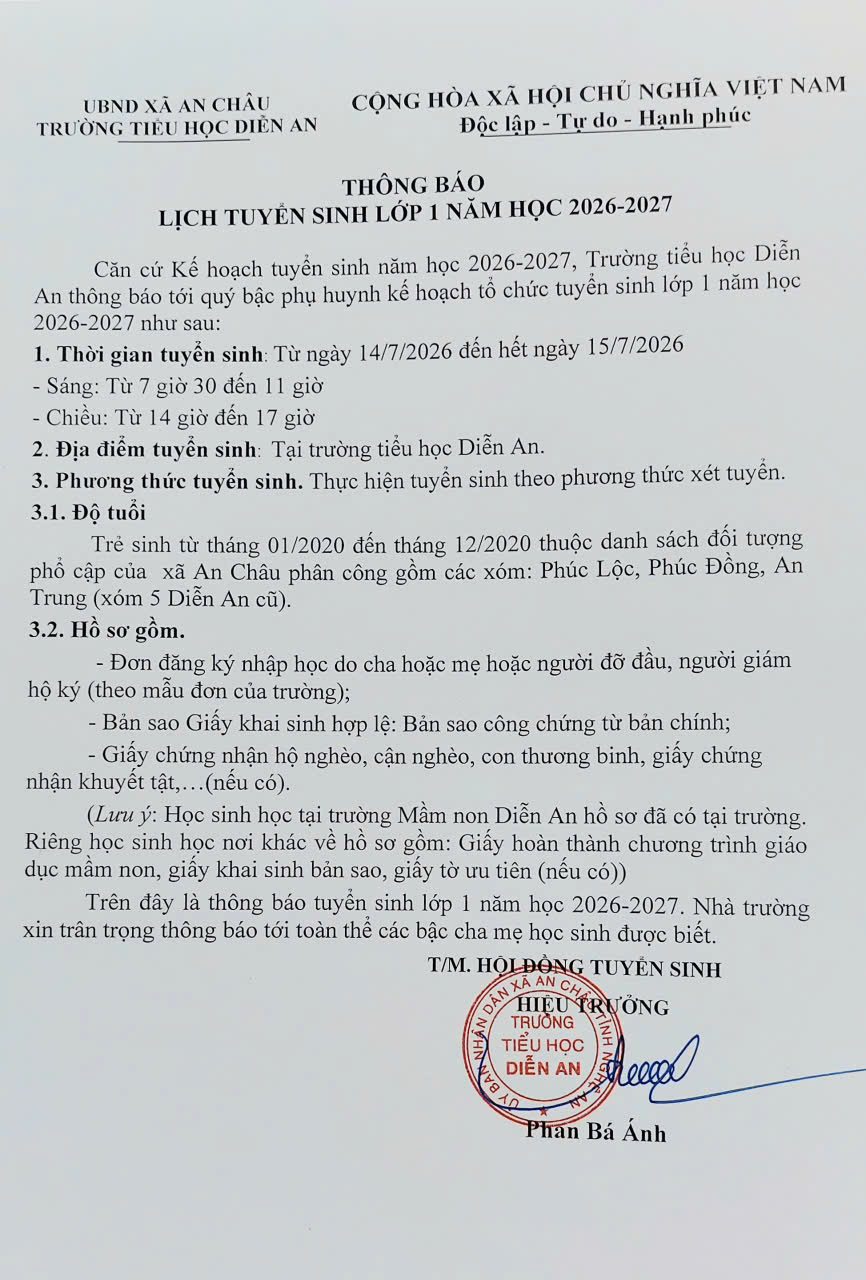 THÔNG BÁO LỊCH TUYỂN SINH LỚP 1 NĂM HỌC 2026-2027